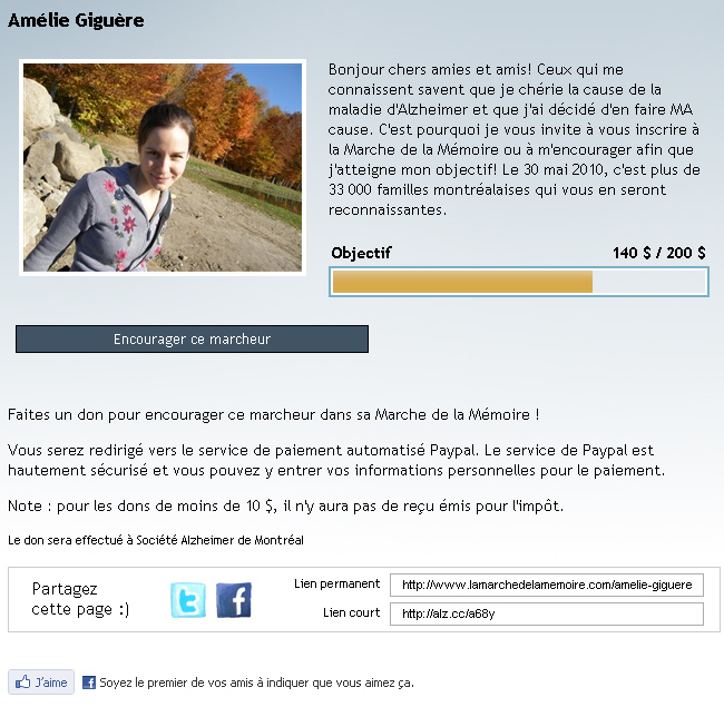 Page de la marcheuse Amélie Giguère sur LaMarchedelaMemoire.com