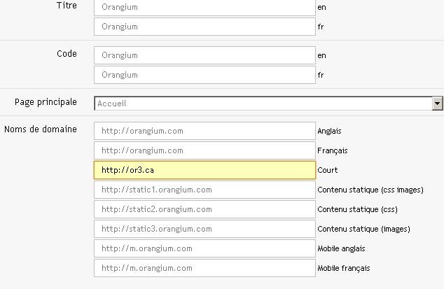 panneau de contr&ocirc;le Orangium, nom de domaine court